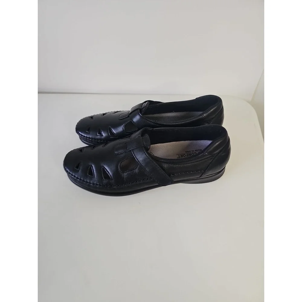 Womens SAS USA Roamer Black Leather Comfort Shoes Loafer Wedge T-Strap Wedge 8.5